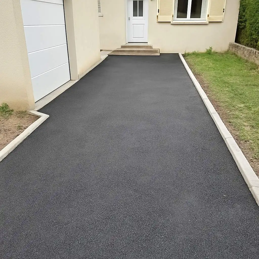 Allée d'entrée de garage en enrobé noir neuf, bordures béton, maison en arrière-plan