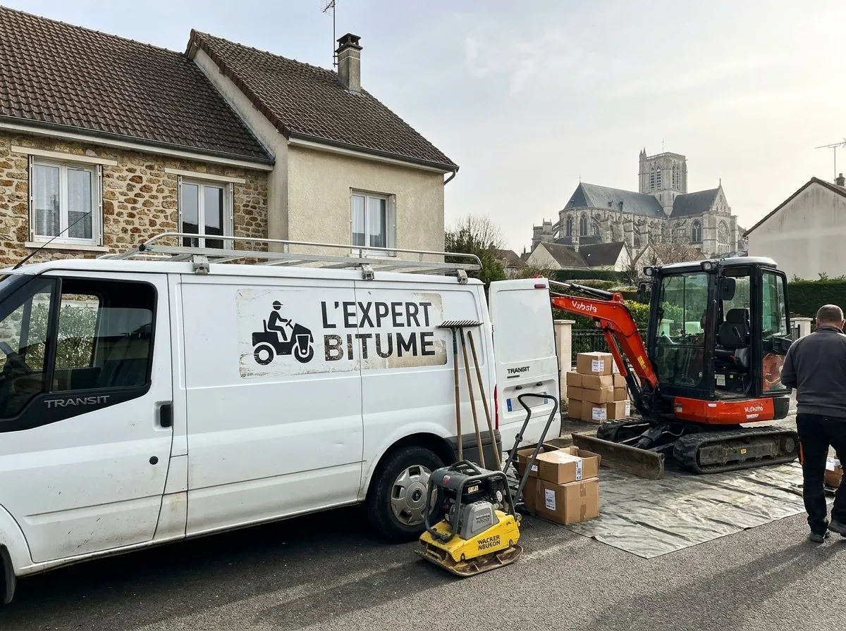 Camionnette L'Expert Bitume, mini-pelle et plaque vibrante devant une maison, cathédrale de Meaux au fond